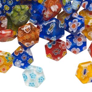 Bead mix, millefiori glass, translucent and transparent multicolored, 9-11mm puffed hexagon. Sold per 2oz pkg, approximately 90 beads.