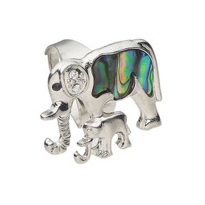 Ring 1pkg1 brass / paua shell / glass rhinestone, 30x25mm elephant / baby, natural silver finish / black / clear