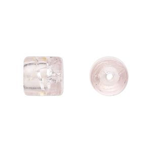 Cord end, glass, translucent pink with silver-colored foil, 11x11mm with wavy line pattern, 5mm inside diameter. Sold per pkg of 2.