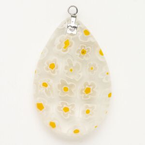 Focal 1pkg1 silver-finished steel and millefiori glass, translucent and transparent clear / white / yellow, 47x30mm-48x33mm puffed teardrop.