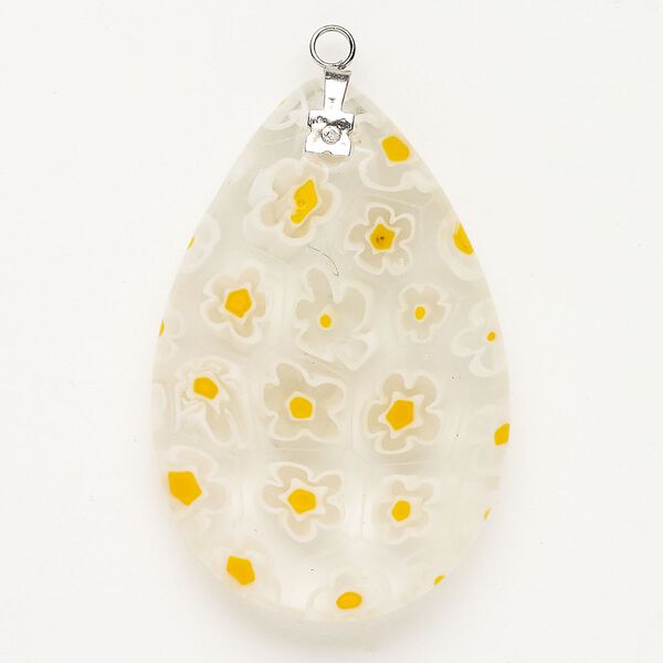 Focal 1pkg1 silver-finished steel and millefiori glass, translucent and transparent clear / white / yellow, 47x30mm-48x33mm puffed teardrop. image number 0