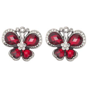 Charm, antique silver finish "pewter" (zinc-based alloy) and glass, red and clear, 27x20mm single-sided butterfly. Sold per pkg of 2.