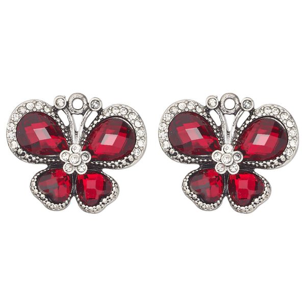 Charm, antique silver finish "pewter" (zinc-based alloy) and glass, red and clear, 27x20mm single-sided butterfly. Sold per pkg of 2. image number 0