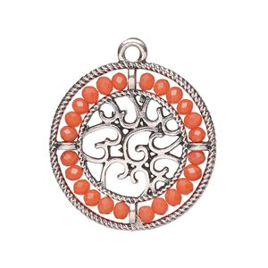 Drop, glass and antique silver-finished "pewter" (zinc-based alloy), salmon pink, 28mm round with hearts and beaded border. Sold per pkg of 2.