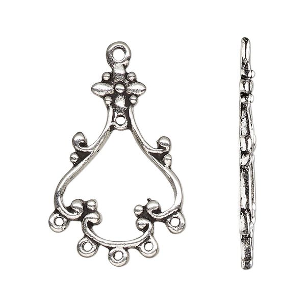 Drop, antique silver-finished "pewter" (zinc-based alloy), 27x19mm single-sided open flower with 6 closed loops. Sold per pkg of 10. image number 0