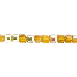 Bead 1pk 18 facets translucent gold AB, Celestial Crystal® 4mm cube 15.5-16 inch