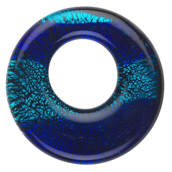 Focal, lampworked glass, blue / dark blue / black with silver-colored foil, 45mm single-sided round go-go. Sold individually. image number 0