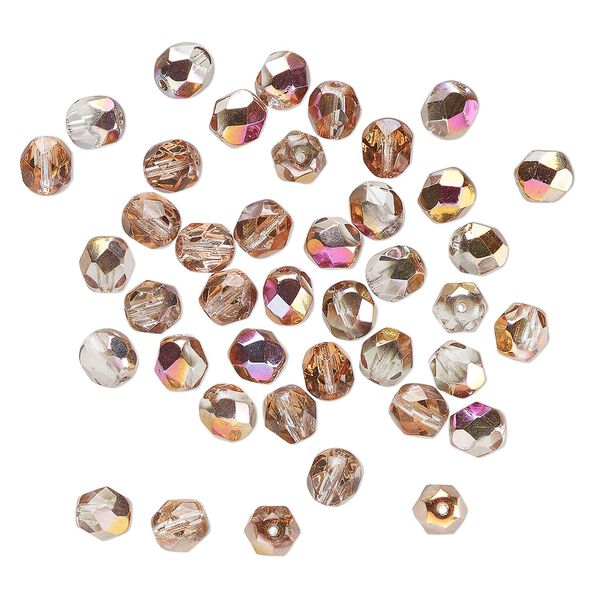 Bead, Czech fire-polished glass, opaque and translucent pink luster crystal clear, 6mm faceted round. Sold per pkg of 40. image number 0