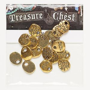 Drop mix, antique gold-finished "pewter" (zinc-based alloy), 13x12mm-14x12mm two-sided oval with (6) "BE," (6) "HERE" and (6) "NOW" with textured designs. Sold per pkg of 18.