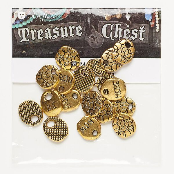 Drop mix, antique gold-finished "pewter" (zinc-based alloy), 13x12mm-14x12mm two-sided oval with (6) "BE," (6) "HERE" and (6) "NOW" with textured designs. Sold per pkg of 18. image number 0