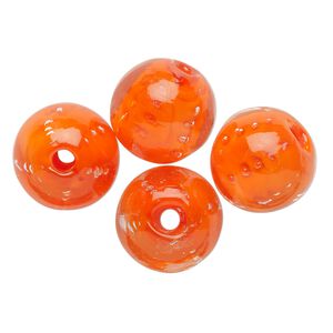 Bead, lampworked glass, translucent orange, 14mm round. Sold per pkg of 4.
