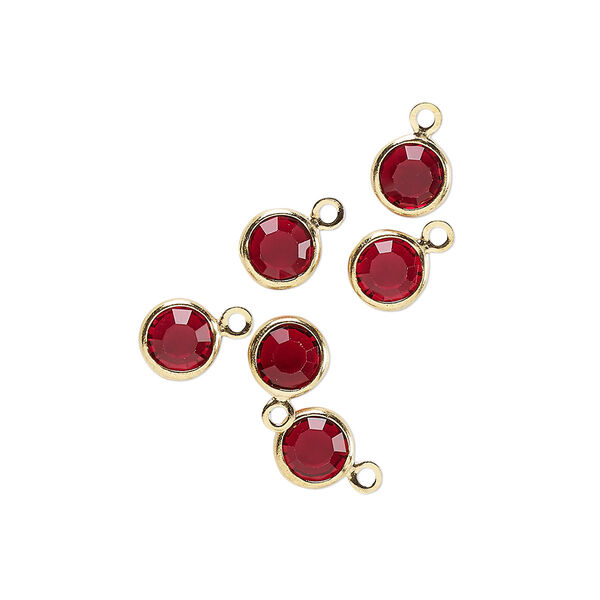 Drop, glass rhinestone and gold-finished brass, garnet red, 6-6.5mm faceted round. Sold per pkg of 6. image number 0