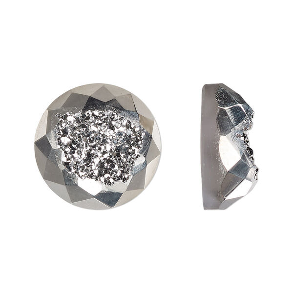 Cabochon, druzy agate (coated), silver, 16mm hand-cut loosely calibrated faceted round, B grade, Mohs hardness 7. Sold individually. image number 0