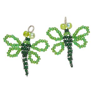 Drop, "pewter" (zinc-based alloy) and glass, pkg/2, 29-31mm dragonfly, silver finish and multicolored