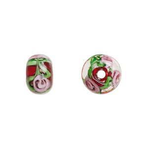 Bead, lampworked glass, opaque red and multicolored, 12x8mm rondelle with rose. Sold per pkg of 4.