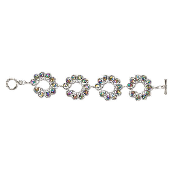 Bracelet, glass and silver-plated steel, purple AB, 34x30mm flower, 6-1/2 inches with toggle clasp. Sold individually. image number 0