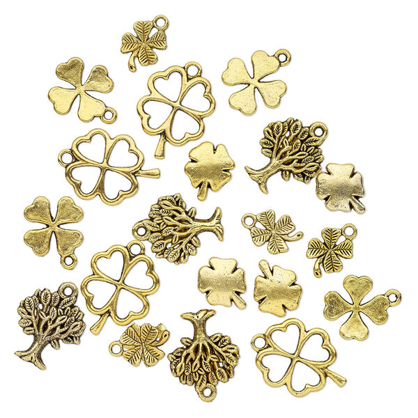 Bead and charm, antique gold-finished "pewter" (zinc-based alloy), 12x10mm-22x17mm single- and double-sided assorted clover and tree. Sold per pkg of 20. image number 0