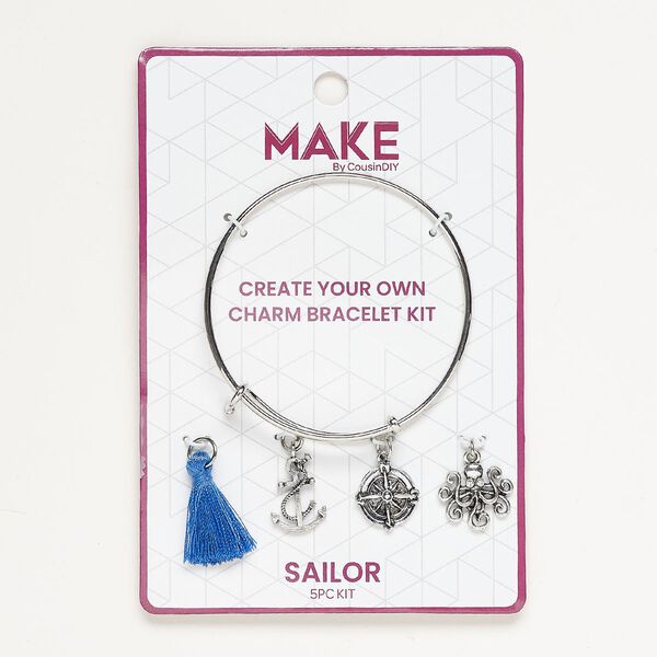 Bracelet and charm assortment, antique silver-finished brass and fabric, cobalt blue and clear, Sailor theme, 7-1/2 inches. Sold per 5-piece set. image number 0