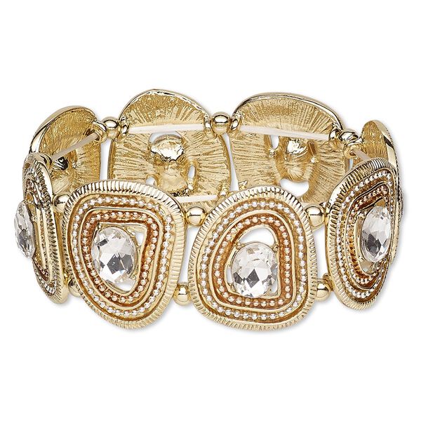 Bracelet, stretch, glass rhinestone / silver- / copper-plated / gold-finished "pewter" (zinc-based alloy), clear, 28mm wide with freeform, 6-1/2 inches. Sold individually. image number 0