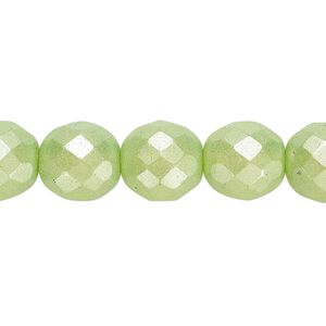 Bead, Czech fire-polished dipped décor glass, pearlescent lime green, 12mm faceted round. Sold per pkg of 600 (1/2 mass).