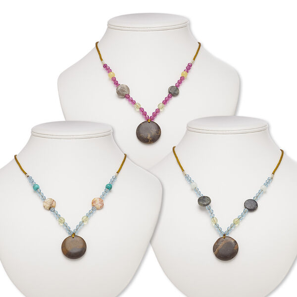 Multi-gemstone / acrylic / glass 1pkg3, round pendant necklace C grade, mix continuous loop 20 inch 29-30mm image number 0
