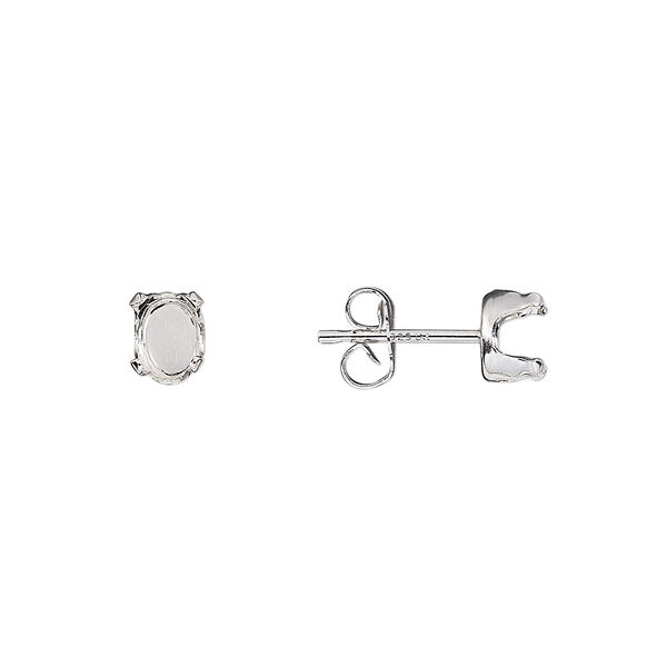 Earstud, sterling silver, 6x4mm 4-prong oval setting. Sold per pkg of 2 pairs. image number 0