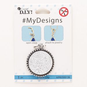 Focal, "pewter" (zinc-based alloy) and acrylic, pkg/1, 34mm beaded flat round with druzy look embellishment and snap-lock bail, antique silver finish.