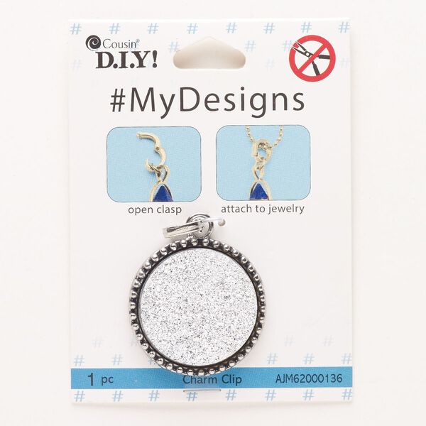 Focal, "pewter" (zinc-based alloy) and acrylic, pkg/1, 34mm beaded flat round with druzy look embellishment and snap-lock bail, antique silver finish. image number 0