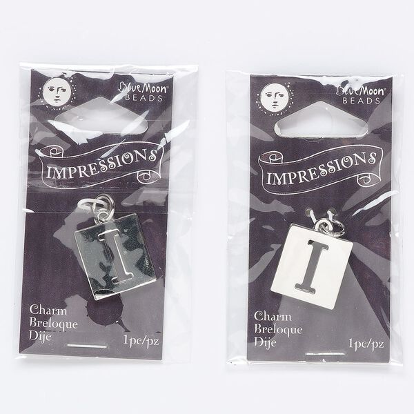 Drop, silver-finished "pewter" (zinc-based alloy) and steel, 16x15mm square with cutout "I." Sold per pkg of 2. image number 0