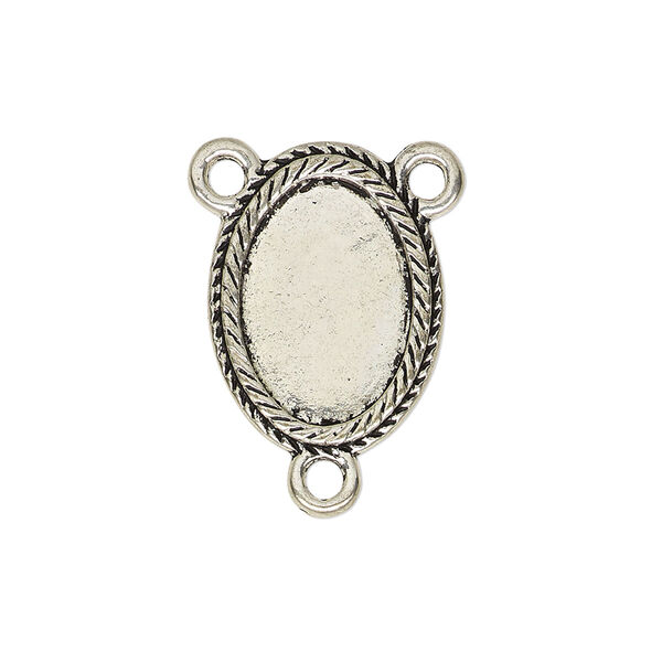 Connector, antique silver-finished "pewter" (zinc-based alloy), 21x15.5mm double-sided oval rosary with double rope design and 16.5x11.5mm non-calibrated oval cabochon glue-in setting. Sold per pkg of 4. image number 0