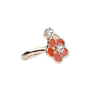 Ring, enamel / glass rhinestone / rose gold-finished "pewter" (zinc-based alloy), orange and clear, 17mm wide with flower, size 8. Sold individually.