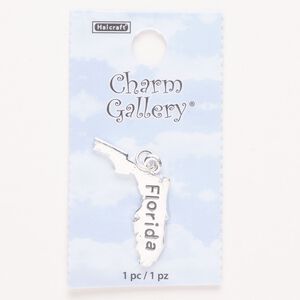 Charm, steel and enamel, pkg/1, silver finish and black, 27x25mm with "Florida."