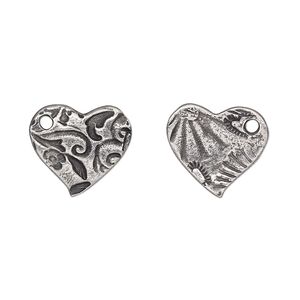 Charm, TierraCast®, "Vida Mas Dulce" collection, antiqued pewter (tin-based alloy), 15mm two-sided heart with amor design. Sold per pkg of 2.