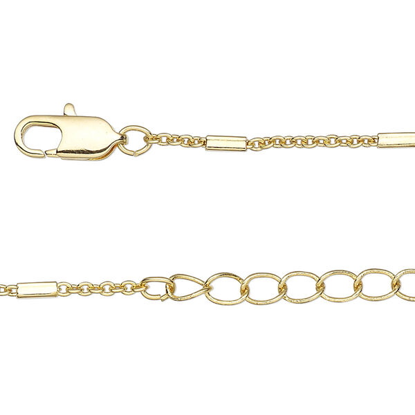Chain, gold finish brass, 1.5mm cable and 2mm rectangle tube link, 18 inches with 1.25 inch extender chain and lobster claw clasp. Sold individually. image number 0