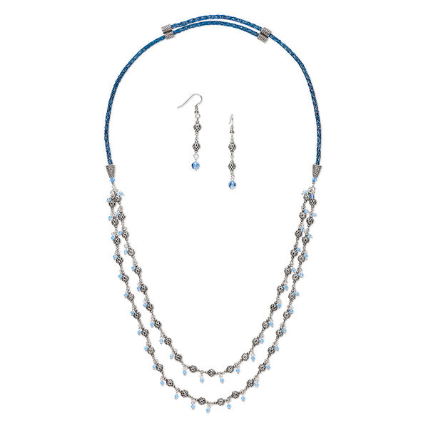 Necklace and earring set, One of a Kind Jewelry, antique silver-plated brass / color-coated copper / crystal, blue and light sapphire, 30-inch necklace. Only one available. image number 0