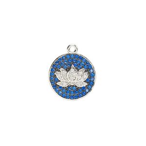 Drop, cubic zirconia and silver-finished brass, blue and clear, 14.5mm single-sided round with lotus flower design. Sold individually.