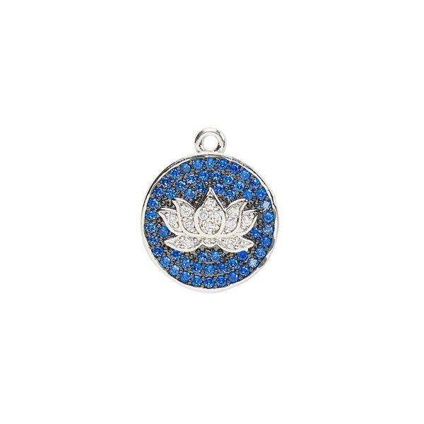 Drop, cubic zirconia and silver-finished brass, blue and clear, 14.5mm single-sided round with lotus flower design. Sold individually. image number 0