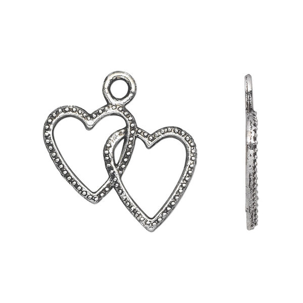 Charm, antique silver-plated "pewter" (zinc-based alloy), 23x18mm single-sided double open heart. Sold per pkg of 20. image number 0