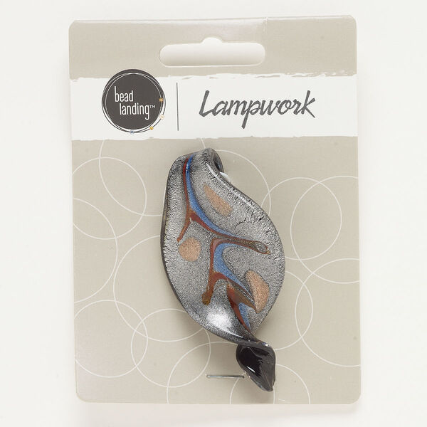 Focal, lampworked glass, black / blue / red-brown, 61x32mm twisted leaf with silver-colored foil and copper-colored foil. Sold individually. image number 0