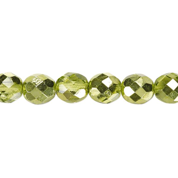 Bead, Czech fire-polished glass, clear with half-coat metallic silver green, 8mm faceted round. Sold per 15-1/2" to 16" strand. image number 0