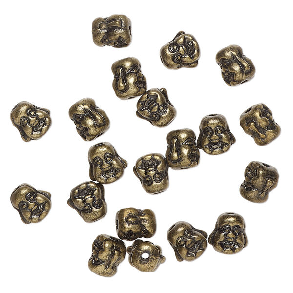 Bead, antique brass-finished "pewter" (zinc-based alloy), 10mm double-sided buddha head. Sold per pkg of 20. image number 0