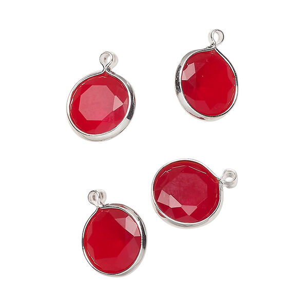 Drop, silver-finished brass, translucent ruby red, 10mm faceted round with open back. Sold per pkg of 4. image number 0