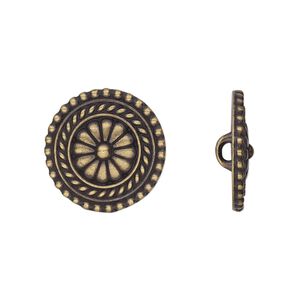 Button, TierraCast®, antique brass-plated pewter (tin-based alloy), 18mm beaded flat round with flower and loop. Sold per pkg of 20.
