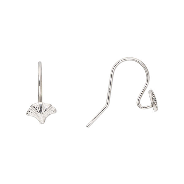 Ear wire, Amoracast®, sterling silver, 14mm fishhook with ginkgo leaf and open loop, 20 gauge. Sold per pair. image number 0