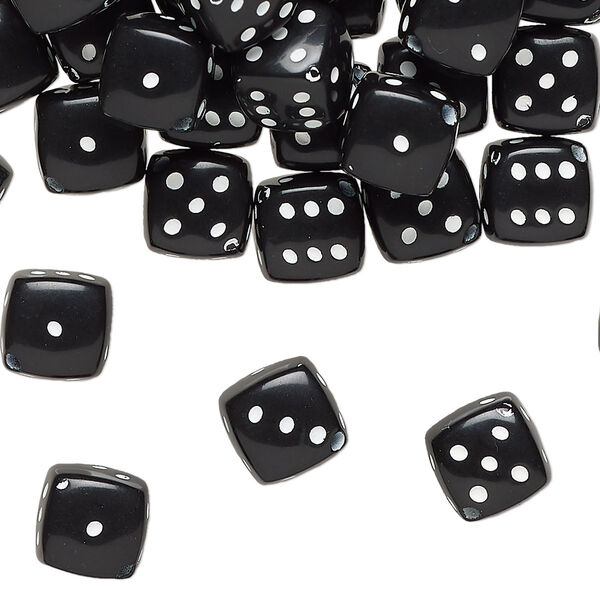 Bead, acrylic, opaque black and white, 8.5mm diagonally drilled six-sided dice, approximately 10mm stringing length. Sold per pkg of 100. image number 0