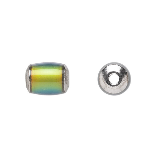 Bead, acrylic and imitation rhodium-plated brass, multicolored, 12x9mm color-changing round tube. Sold per pkg of 6. image number 0