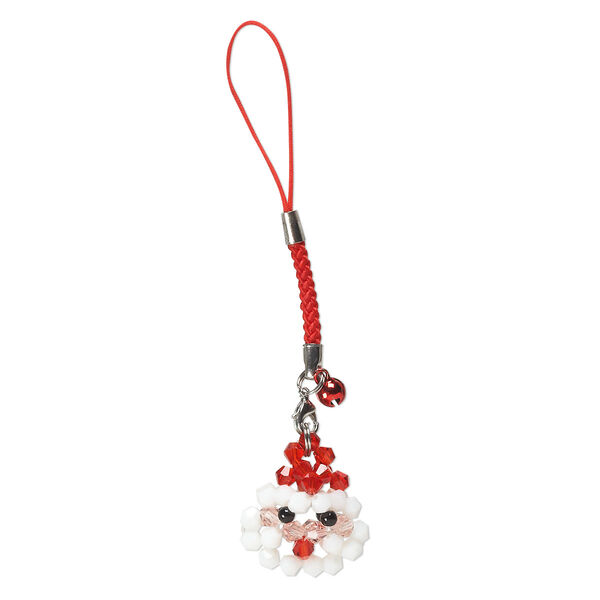 Zipper pull, nylon / glass / steel / aluminum / "pewter" (zinc-based alloy), multicolored, 4-1/2 inches with 6mm bell and 28x26mm Santa Claus with lobster claw clasp. Sold individually. image number 0
