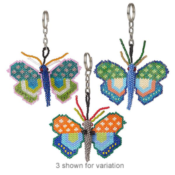 Keychain mix, nylon / glass / stainless steel, multicolored, 3-1/4 x 3-inch butterfly, 4 inches with split ring. Sold individually. image number 0