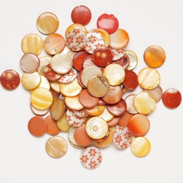Mother-of-pearl shell 1pkg6oz, puffed flat round bead mix multi-orange 17-20mm image number 1