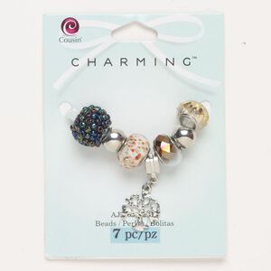 Brass / glass / acrylic 1pkg7, bead assortment silver-finished / mixed colors 10x7mm-17x13mm